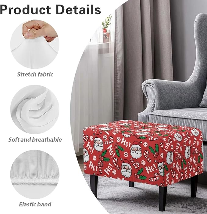 Santa & Candy Cane Christmas Ottoman Cover - Removable, Machine Washable Stretch Slipcover for Rectangular Storage Ottomans, Festive Decor