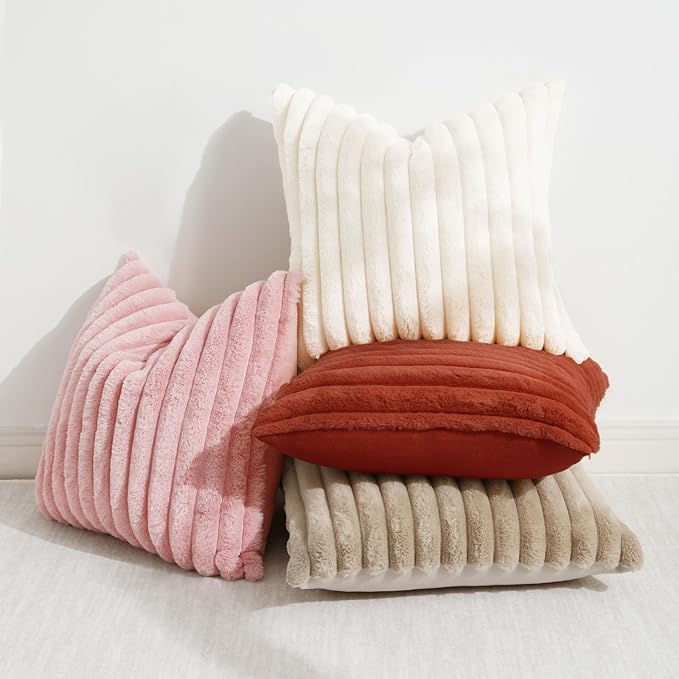 decorUhome Faux Fur Thanksgiving Day Throw Pillow Covers 16x16 Set of 2, Decorative Soft Plush Striped Neutral Couch Euro Pillow Covers with Velvet Back for Sofa, Bed, Living Room Home Decor, Rust