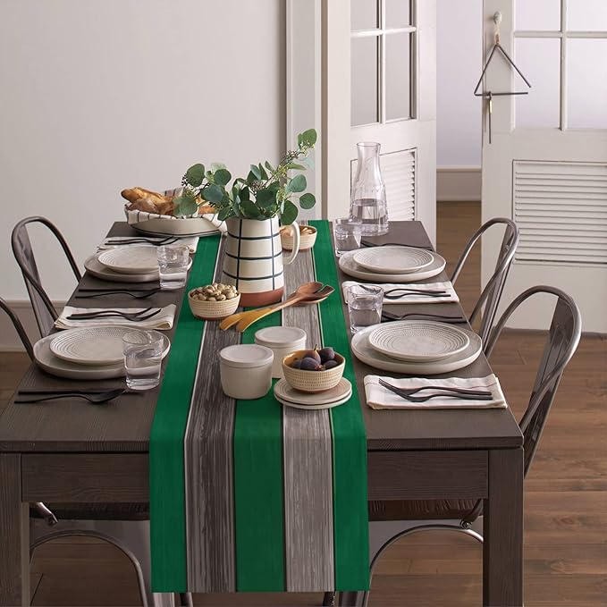 Vandarllin Table Runners 14X48 Inches Long, Forest Green Brown,Cotton Linen Farmhouse Retro Rustic Barn Wood Texture Tablecloths Non-Slip Party Table Decorations for Kitchen,Home,Dining,Outdoor,