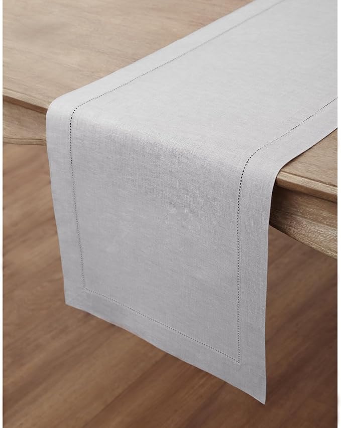 Solino Home Linen Soft Grey Table Runner 48 Inches - Classic Hemstitch, 100% Pure Linen Coffee Table Runner 14 x 48 Inch Ideal for Dresser Tables - Winter, Spring, Easter