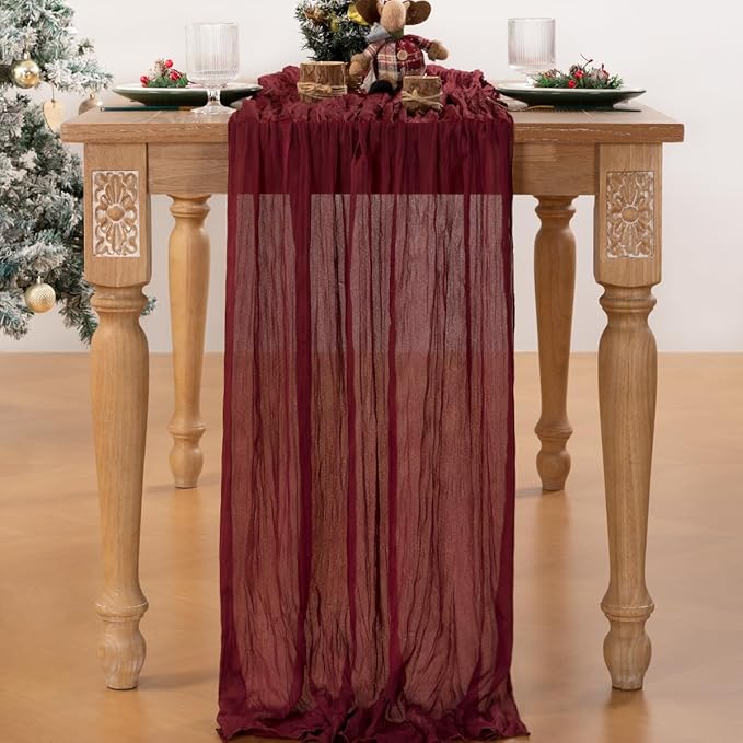 MLMC 8 Pack Burgundy Cheesecloth Table Runner Boho Rustic Gauze Fall Wine Red Cheese Cloth Table Runner Cheese Cloth Decor 35x120 Inches for Wedding Winter Reception Christmas Home Decor