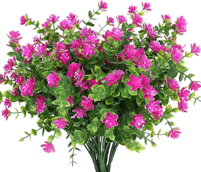 6 Bundles Artificial Flowers, Fake Artificial Greenery UV Resistant No Fade Faux Plastic Plants for Wedding Bridle Bouquet Indoor Outdoor Home Garden Kitchen Office Table Vase (Fuchsia)