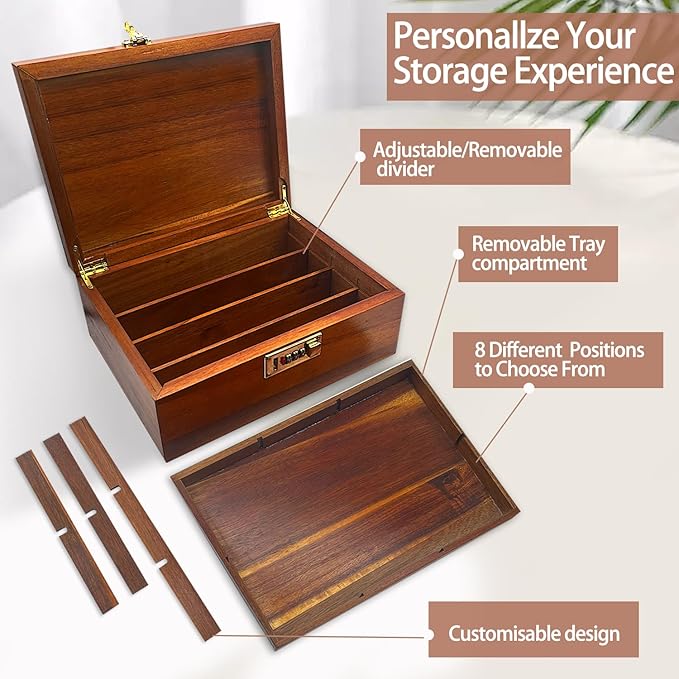 Large Acacia Wooden Storage Box with Hinged Lid and Combination Lock Decorative Boxes with Removable Tray Memory Box Keepsake Chest Stash Boxes Lockable Chest for Jewelry Accessories Treasured Items