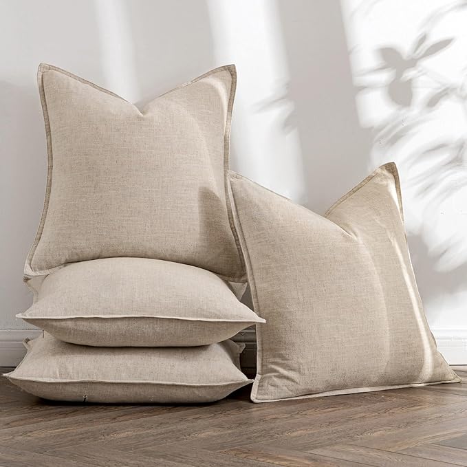 MIULEE Beige Linen Pillow Covers Pack of 4 Decorative Natural Solid Throw Pillow Covers Soft Accent Boho Farmhouse Couch Pillowcases Modern Home Decors for Living Room Bed Sofa 20x20 Inch