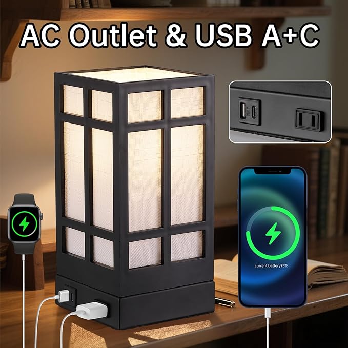 Beside Table Lamp set of 2 with AC Outlet, USB A & C Charging Port,Small Rectangular Nightstand Lamp with Bamboo Linen Shade,LED Bulbs Included,Tabletop Reading Lamp for Living Room/Dorm/Office