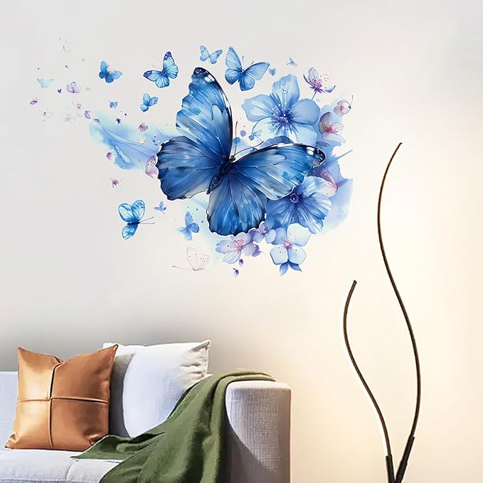 Blue Butterfly & Flower Watercolor Wall Decals – Large Removable Vinyl Stickers, Dreamy Wall Art for Bedroom, Living Room, Bathroom, or Office Decor