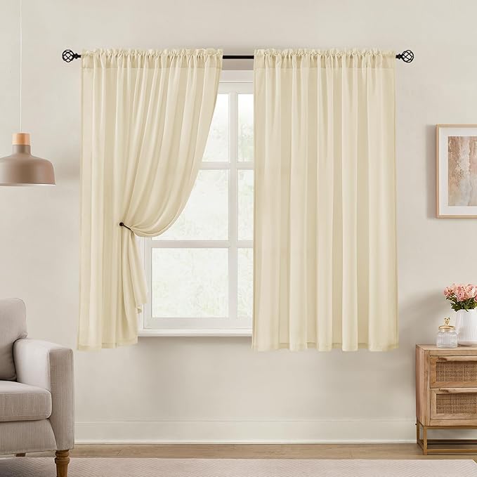 HOMEIDEAS Non-See-Through Taupe Privacy Semi Sheer Curtains 63 Inches Long 2 Panels Set Light Filtering Curtains for Living Room Bedroom Drapes,W52xL63