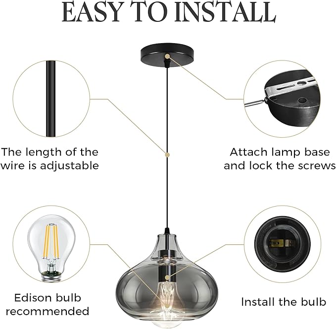 Mini Smoke Gray Glass Pendant Light, Suitable for Accent Lighting Over Cozy Spaces, Kitchen Nooks & Bedside, Includes 2 LED Bulbs & Adjustable Cord(7.1in, 3-Pack)