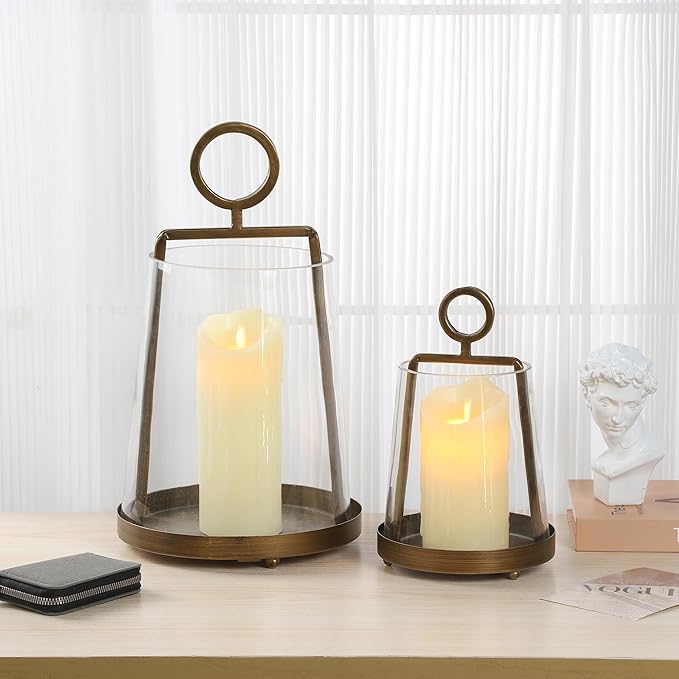 9" Wide Modern Farmhouse Metal Hurricane Candle Holder with Handmade Sturdy Glass Sleeve in Vintage Brass for Pillar Candle & Plants, Glass Hurricane Lantern, Industrial, Minimalistic