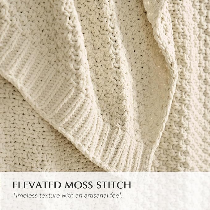 EVERGRACEHOME Chunky Chenille Knit Throw Blanket for Couch, Soft Luxurious Oversized King Moss Stitch Blanket for Bed, Large Cozy Farmhouse Knitted Throw for Sofa, Beige, 92" x 108"
