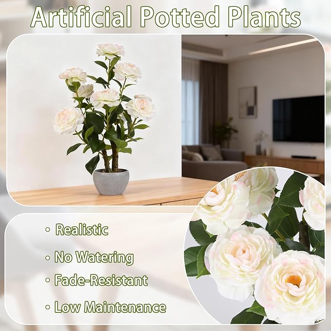 TOARTi Artificial Camellia Potted Plant with Stone Pot, 20.5" Tall Fake Potted Flowers Faux Desk Plant, Realistic Decorative Plants Indoor Decor for for Home Bedroom Bathroom Office Desk