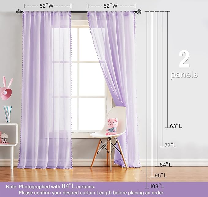 Treatmentex Pompom Sheer Curtain Panels for Living Room Girl's Redroom 52" x 108" Lilac Slub Textured Sheer Window Drapes for Salson Party Ceremony Birthday Décor 2 pcs