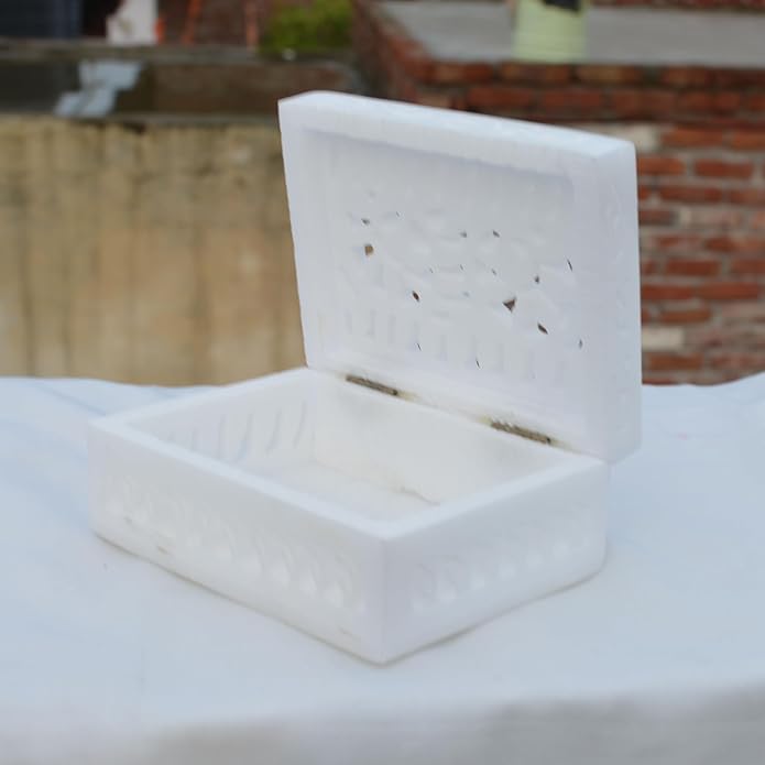 Vintage Onyx Marble Alabaster lid Hinged Footed Trinket Jewelry Box 3x4 inch - Decorative Treasure Box With Engraved Art, Trinket Box | Mini Storage Chest For Jewelry Memento Holder For Miscellaneous