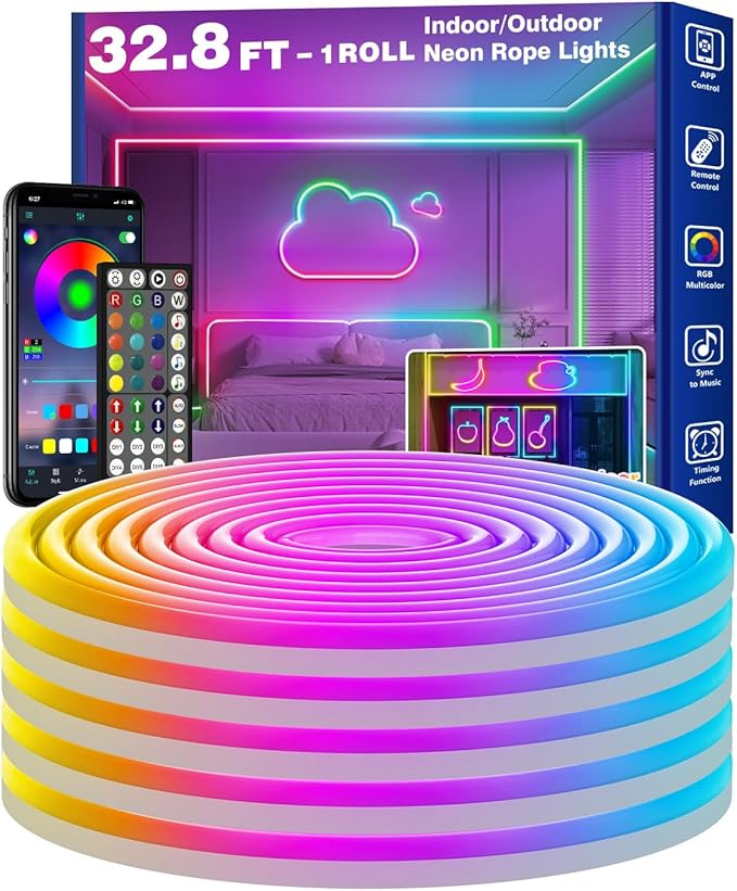 32.8Ft Neon Rope Lights,Flexible Led Rope Lights Control with App/Remote,Multiple Modes Music Sync Gaming RGB Led Neon Lights for Bedroom Outdoor