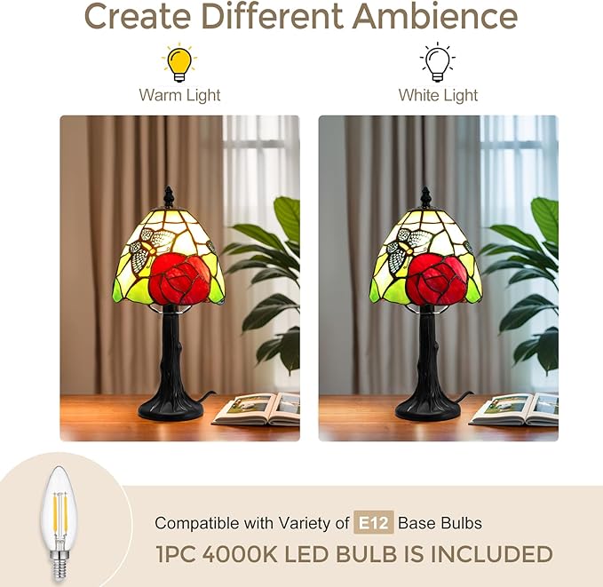 Tiffany Style Table Lamp - Antique Butterfly & Rose Stained Glass Design Desk Lamps Antique 6 Inch Small Tiffany Lamp Bedside Table Lamps for Bedroom Living Room Office Desk Light(Bulb Included)