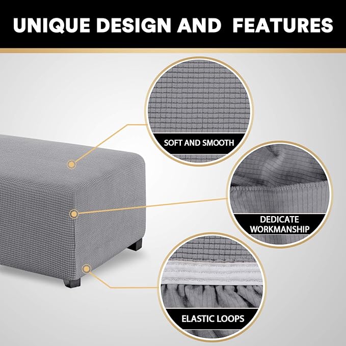 Stretch Ottoman Cover Ottoman Slipcovers Rectangle for Living Room Foot Stool Stretch Covers to Fit Ottoman Foot Rest, Thick Checked Jacquard Fabric with Elastic Bottom (Oversized Ottoman, Dove)