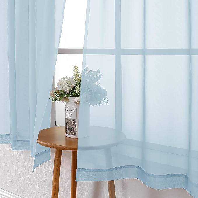 Lecloud Sky Blue Sheer Curtains for Bedroom 54 Inch Length 2 Panels, Durable & Soft Touch Solid Voile Curtain with Dual Rod Pockets, Bathroom/Kitchen/Living Room Window Gauzy Drapes, 40W x 54L