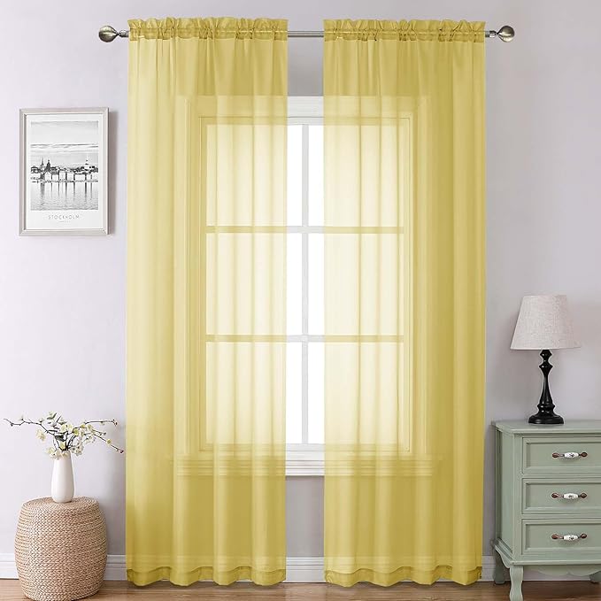 Lecloud Yellow Sheer Curtains 90 Inches Long 2 Panels, Gauzy Light Filtering Breathable Curtain, Solid Voile Home Decor Drapes with Dual Rod Pocket for Living Room Bedroom, Each 42" W x 90" L