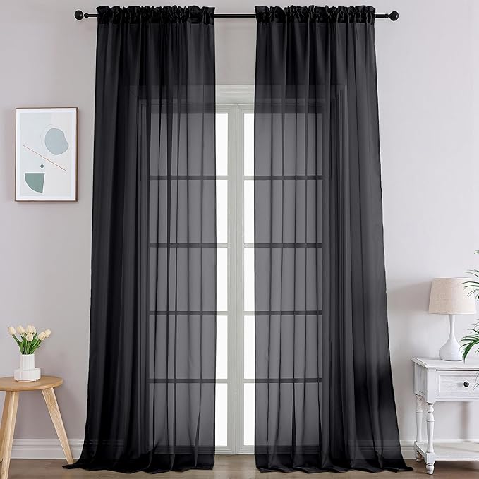 Gwine Black Sheer Curtains 108 Inches Long for Living Room 2 Panels Set, Light Filtering Extra Long Black Sheer Curtains, Lightweight Filmy Voile Rod Pocket Window Drapes, 59W x 108L, 2 PCS, 9ft