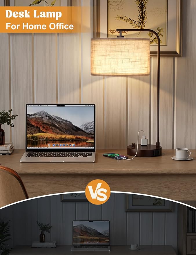 Innqoo Gray Tall Table Lamp with USB Port and Outlet, Dimmable Nightstand Bedside Lamps with Linen Lampshade, Desk Lamp for Bedroom, Living Room, Guest Room, Home Office, LED Bulb Included