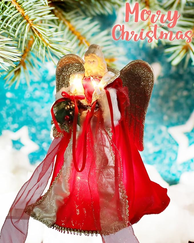 Angel Christmas Tree Topper with Lights, Red & Gold Angel, Lighted Vintage Christmas Tree Topper Decorations Holiday Home Office