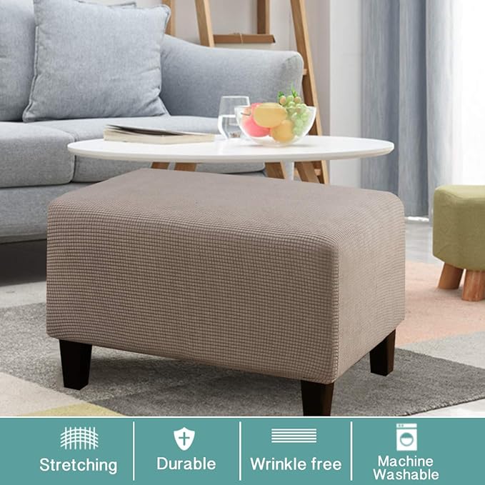 Turquoize Oversize Ottoman Slipcover Rectangle Folding Storage Stool Ottoman Cover Jacquard Small Check Polyester Stretch Fabric with Elastic Bottom Furniture Protector (X-Large, Taupe)