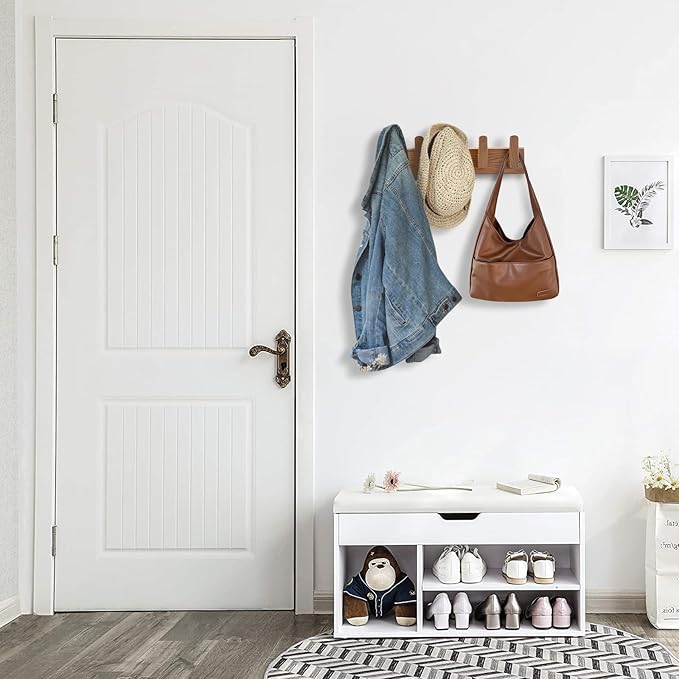 Wood Coat Rack Wall Mount with 5 Hooks, 17'' Hole to Hole Wall Coat Rack for Hanging Coat Jacket Backpack, Natural Wall Coat Hook