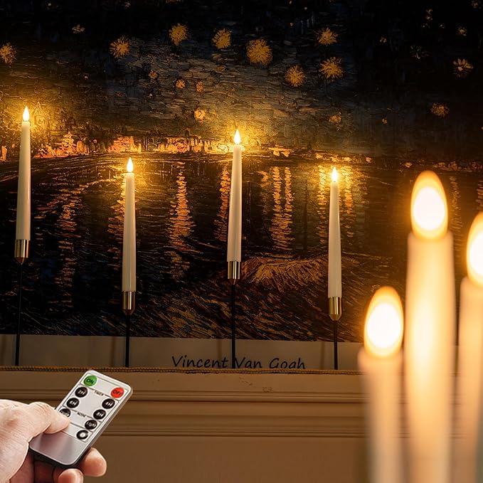 Homemory 6 Pcs Waxy Flameless Taper Candles with Remote, Led Candlesticks Classic Tall Candle, Flickering Battery Operated Taper Candles for Bedroom, Dining Room, White, 9.6 inches
