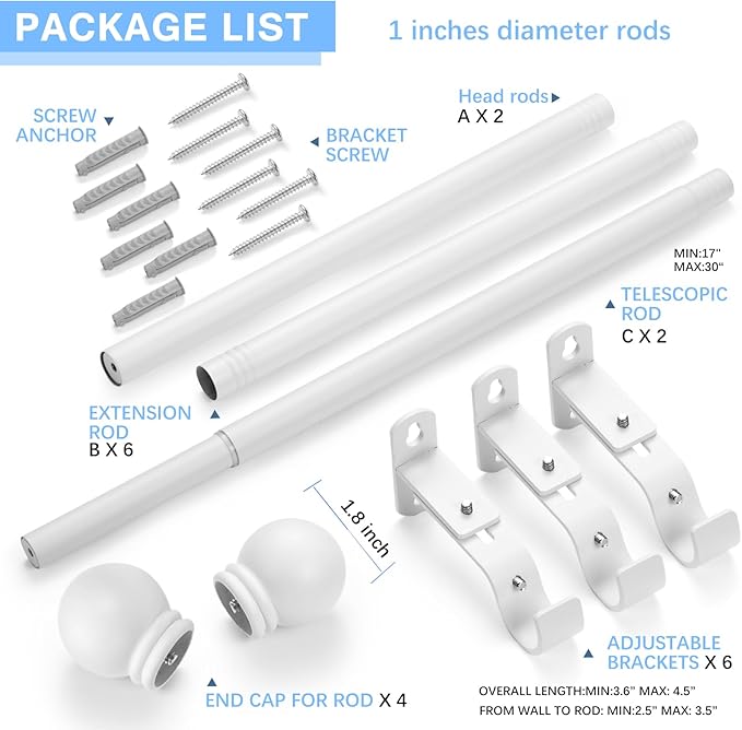Curtain Rods for Windows 16 to 76 Inches, Curtain Rod Max Adjustable Length of 88 IN, 1" Diameter Drapery Rods Round Finials, White, Pack of 2