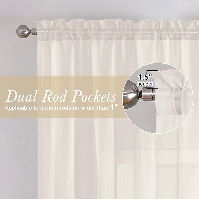 Lecloud Ivory Sheer Curtain Panels 72 Inch Length, Light Filtering Window Curtain Drapes Treatment for Living Room, Breathable Rod Pocket Sheer Curtains for Bedroom, 2 Panels, Each 40" Wx72 L