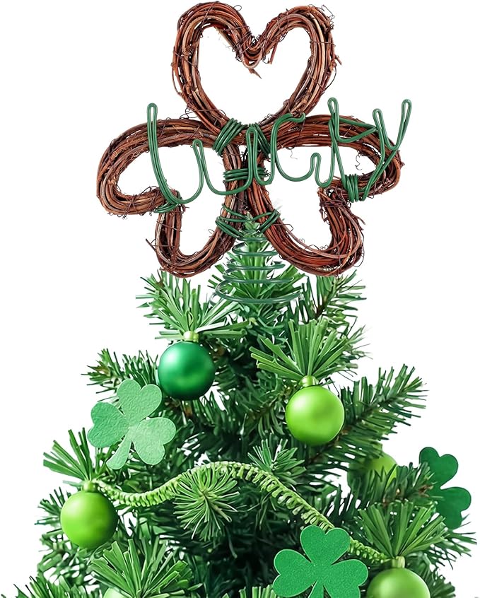 5' St Patrick's Day Mini Tree Topper Irish Lucky Shamrock Tree Topper Holidays Ornaments Farmhouse Retro Rattan Green Metal Decoration for Irish Festival Party Decorations