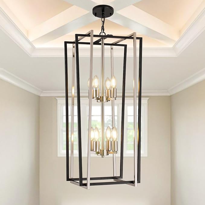 WJShome 8-Light Modern Chandelier, Farmhouse Foyer Lighting Fixtures, Chandeliers for High Ceilings, Black and Silver Lantern Pendant Light Fixtures, for Staircase, Entryway Hallway