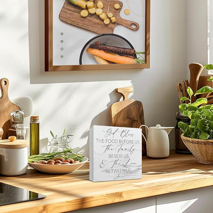 Christian Kitchen Decor, God Bless the Food Before Us Sign, White Wooden Box Sign, Bible Verse Home Decor, Farmhouse Wood Decors for Dining Room, Housewarming Gift for Christian