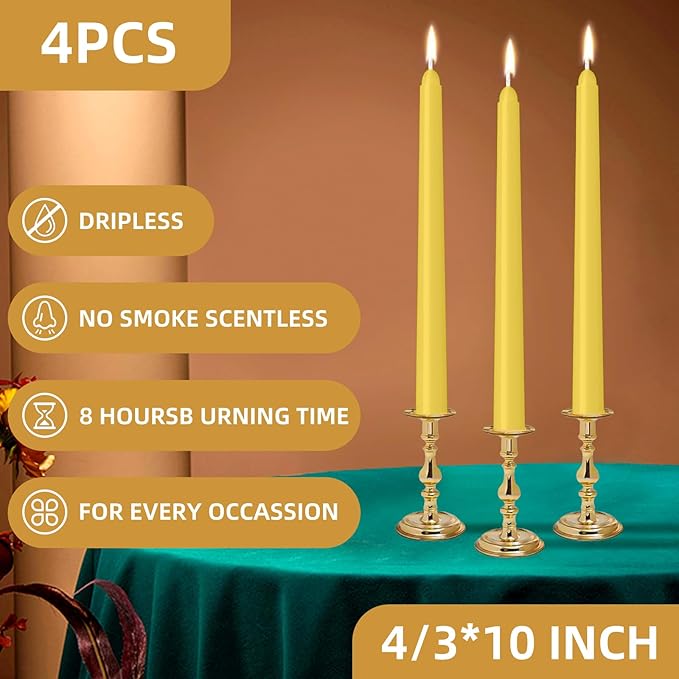 4 Pack Yellow Taper Candles - Taper Candles 10 Inch Dripless, Smokeless & Unscented - 8 Hours Long Burning - Ideal for Weddings, Dinner Parties, and Home Decor