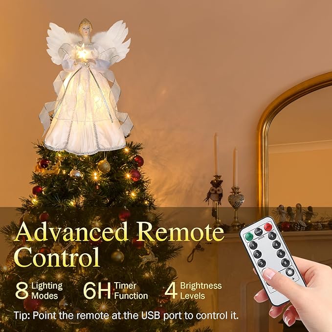 12.5" Angel Christmas Tree Topper with Lights, Lighted Angel Tree Topper with White Feather Wings and Star Light, Remote Control, Timer & USB Powered for Indoor Holiday Tree Decoration