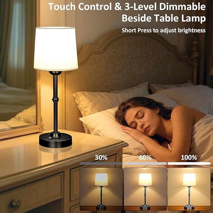Cordless LED Table Lamp, Portable Fabric Shade Desk Lamp, 6000mAh Rechargeable Battery Operated Lighting, 3000K Warm Ambient Light for Restaurant/Bar/Bedroom/Beside/Nightstand, Black
