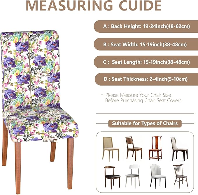 Stretch Dining Chair Covers Set of 6,Floral Print Chair Covers,Soft Removable Washable,Pet Friendly Furniture Protector,Universal Chair Slipcovers for Home, Kitchen,Ceremony Dining Room Seat