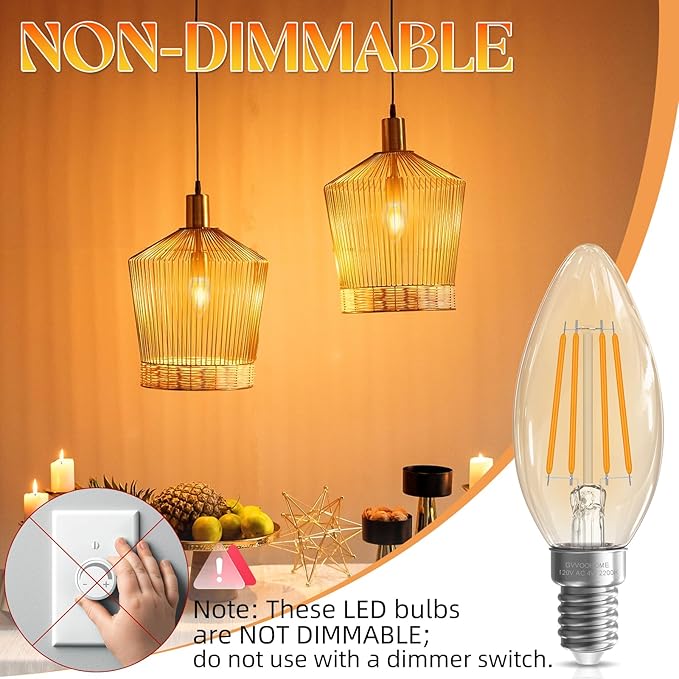 LED Candelabra Light Bulbs,4W, 40 watt Equivalent, E12 Bulb Non-Dimmable, 2200K Amber Warm Chandelier Bulb, B10 Candle Light Bulb, 90+CRI, 400LM, Amber Glass Finish, 6 Pack