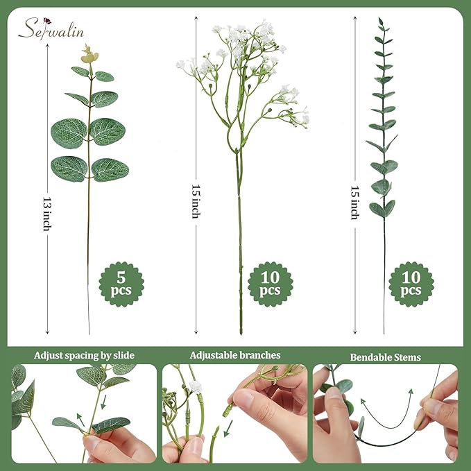 Serwalin 25 Pcs Mixed Artificial Eucalyptus Stems,Babys Breath Artificial Flowers Bulk with Faux Eucalyptus Leaves Greenery Stems for Wedding DIY Bouquets Floral Arrangement Home Decor