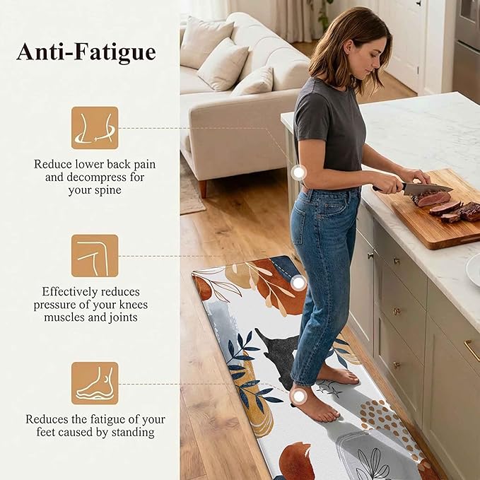 Boho Kitchen Rug Mats for Floor Cushioned Anti Fatigue Kitchen Rugs Sets of 2 Botanical Black Cat Non Slip Waterproof Comfort Memory Foam Standing Floor Mat for Office Laundry Sink Desk