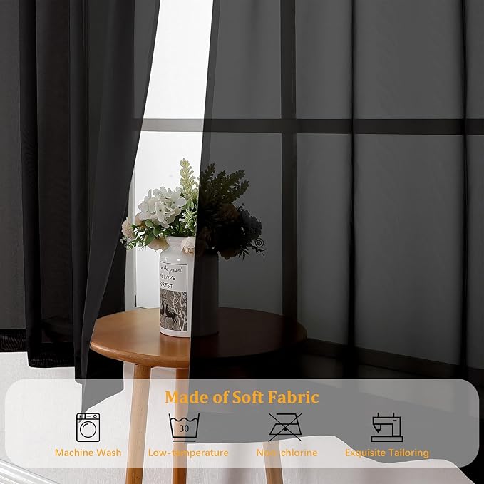 Gwine Black Sheer Curtains for Living Room 45 inches Long, Short Voile Light Filtering Window Treatments Sheer Curtains for Bedroom, Half Window Drapes with Rod Pocket, Each 42" Wx45 L