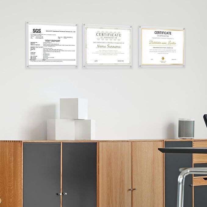 Kalami 3 Pack 11x14 Acrylic Wall Mount Picture Frame Self Adhesive, Floating Frameless Clear Photo Frame for Diploma Certificate Degree Document Display Gallery Wall-Full Frame Size 12.4x15.4