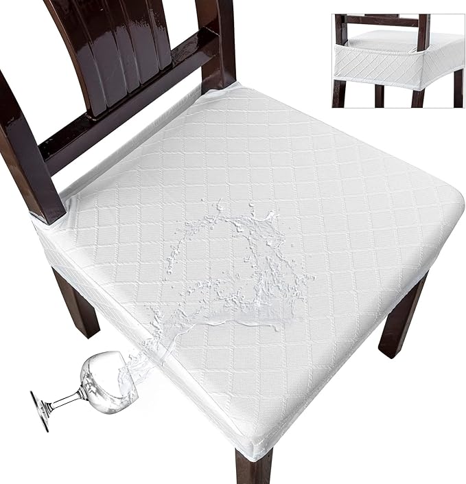 Genina Waterproof Seat Covers for Chairs,Set of 2 Dining Room Chair Seat Covers for Kitchen,Stretch Jacquard Removable Washable Dining Chair Slipcovers Protectors with Rear Covers, White