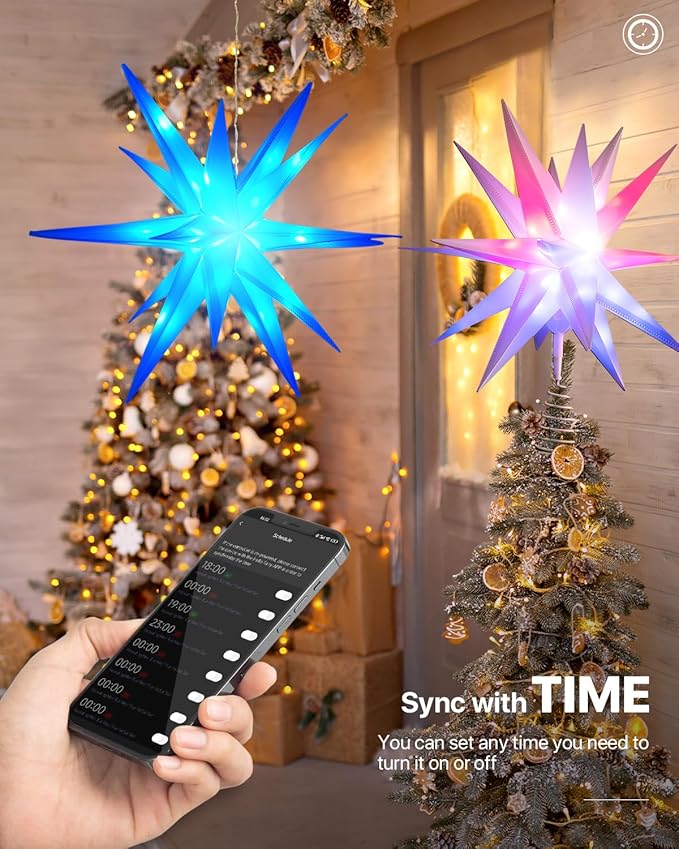 17" Lighted Moravian Star, Moravian Star Tree Topper, Foldable Christmas Topper Star with USB-A Port, DIY Colour Changing with Smart App, Music Sync, Timer, Christmas Hanging Lighted Stars