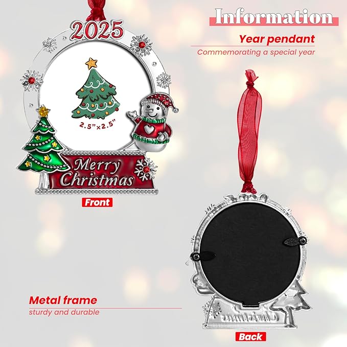 2025 Christmas Tree Ornaments Picture Frame Ornament- Made of Zinc Alloy Glitter Powder Pendant 2.5 Inch Picture Frame for Pet and Baby Holiday Keepsake Gift(Snowman,2025)