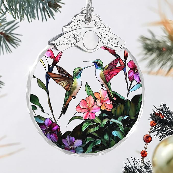 Christmas Ornaments - Hummingbird and Flowers Stained Glass Ornament - Xmas Decor - Ornaments for Christmas Tree - Holiday Presents - Gift Exchange Ideas - Car Hanging Decoration
