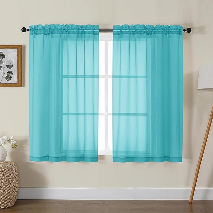 Gwine Turquoise Sheer Curtains for Living Room 45 inches Long, Short Voile Light Filtering Window Treatments Sheer Curtains for Bedroom, Half Window Drapes with Rod Pocket, Each 42" Wx45 L