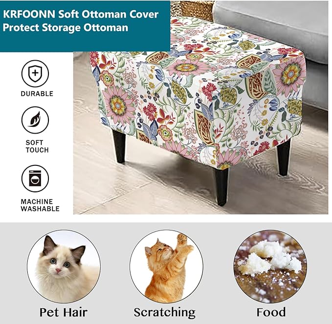 KRFOONN Stretch Ottoman Cover Slipcovers Rectangle Fit Length 55"-63" Footrest Stool Covers Printed Ottoman Cover for Foot Stool Furniture Protector with Non Slip Elastic Bottom, Color 08