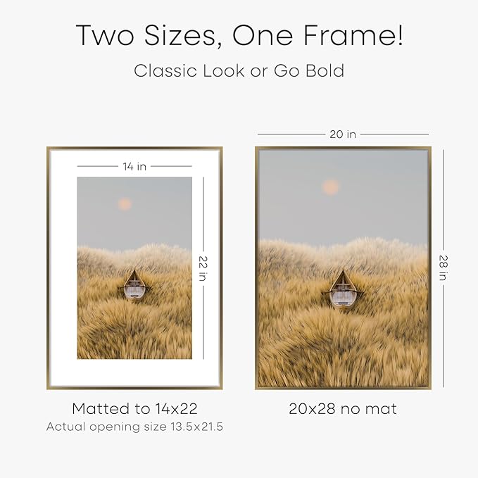 Homeforia Picture 20x28 Bronze Frame, High End Metal 20 x 28 Brass Poster Frames with Mat 14 x 22 for Photo, 20x28 Frame Matted to 14x22 Print, 28x20 Hanging Frames, Tempered Glass, Wall Kit, Set of 3