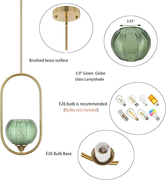 Modern Gold Globe Pendant Light with Green Globe Glass Lampshade Mid Century Chandelier 1-Light Brushed Brass Frame Ceiling Hanging Lighting Fixture for Kitchen Island Dining Room Bedroom